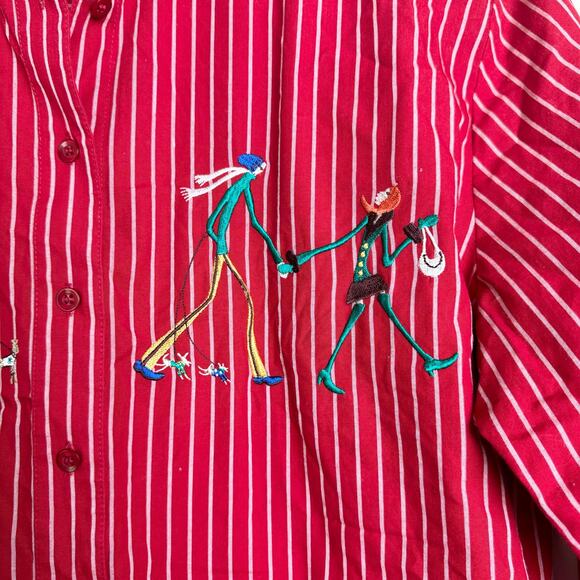Karen Scott Red Stripe holiday christmas shipping theme button down top LARGE - Picture 4 of 8